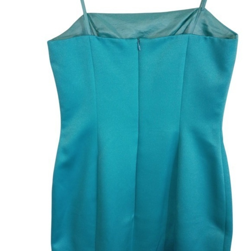 Maggy London Vintage Teal Satin 3D Floral Beaded Cocktail Sheath Dress Sz 8 - Picture 9 of 11